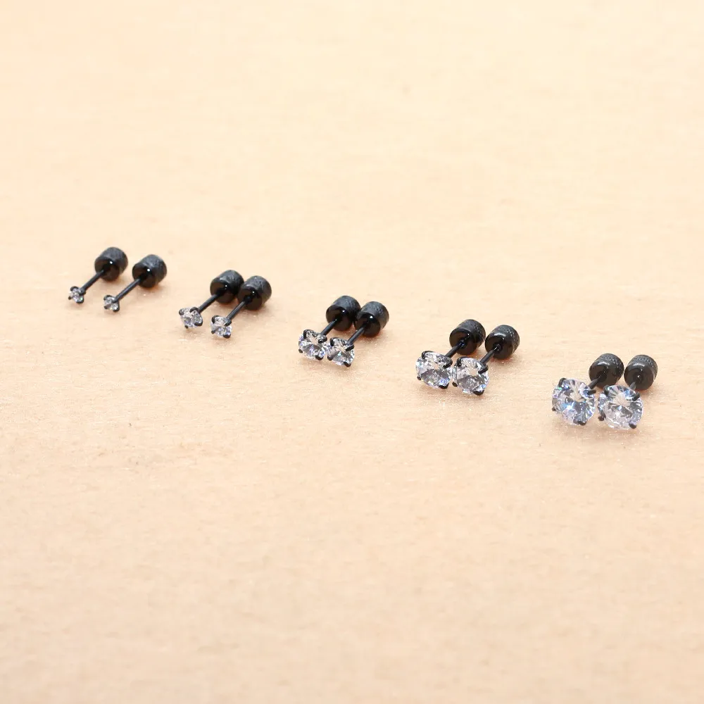 316L Stainless Steel Black Plating Screw Earrings With AAA Round Clean Zircon Earring No Fade Allergy Free Quality Jewelry