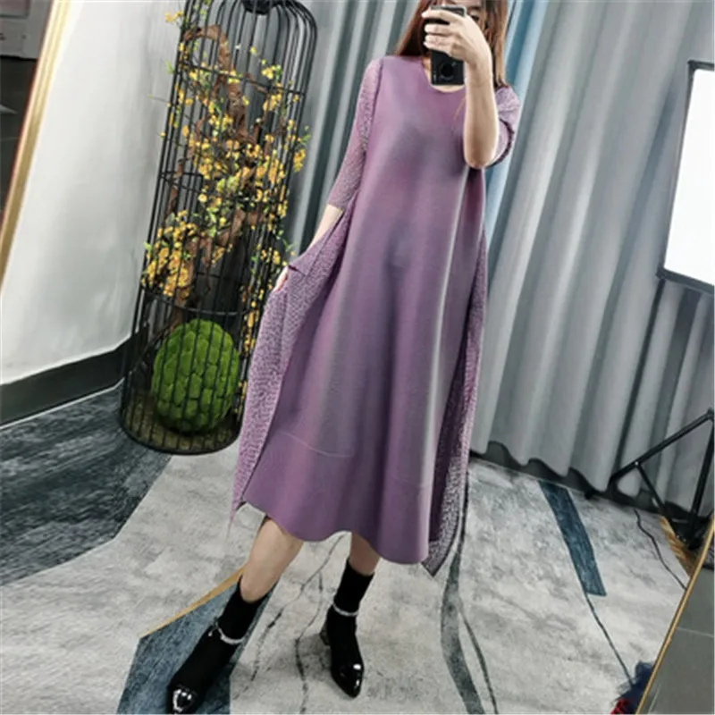 Miyake плиссированное платье 2021 Весна и лето с круглым вырезом рукава модные