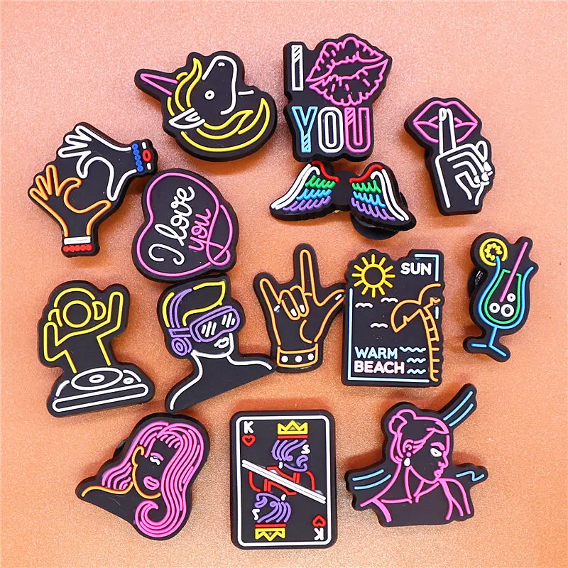 Freeshipping 1pcs Neon Series Shoe Charms Heart Girl DJ Unicorn PVC Shoe Accessories Decoration Fit Croc Jibz Party Kids Gifts