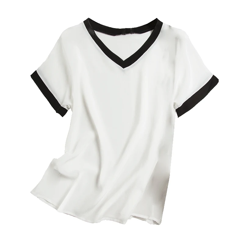

Temperament Black And White Stitching V-Neck Top Silk Short T-Shirt Women's New Spring 2021
