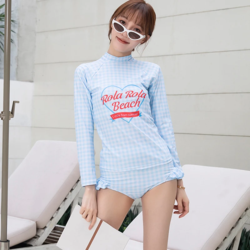 Школьная Девочка косплей милый клетчатый купальник из двух частей с длинным