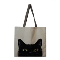 ladies shoulder bag cartoon black cat print casual handbag linen fabric handbag reusable shopping bag foldable handbag