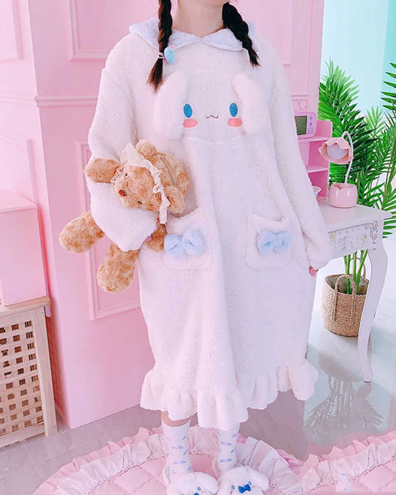 

Kawaii Nightdress Women Cute Girls Sleepwear Long Sleeves Round Neck Mid Calf Length Lovely Cat Homewear Ladies Pajamas