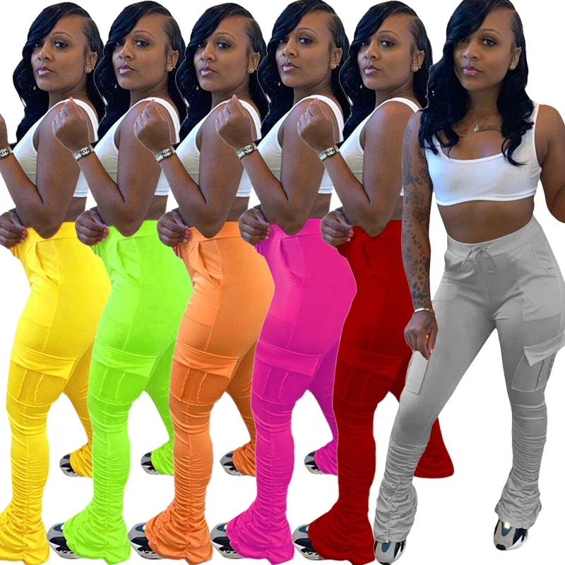 

Stacked Leggings Flare Sweatpants Women 2020 Fall Neon Joggers Elastic High Waist Bell Bottom Trouser Skinny Ruched Cargo Pants