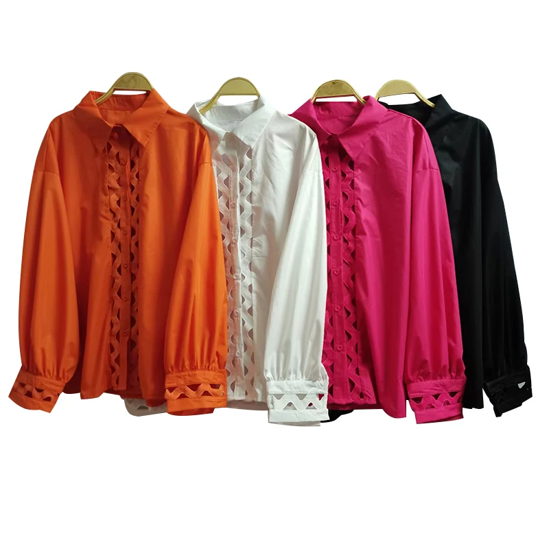 

VGH Casual White Cut Out Shirts Women Lapel Long Sleeve Korean Straight Minimalist Solid Fashion Woman Blouses 2021 Spring Style