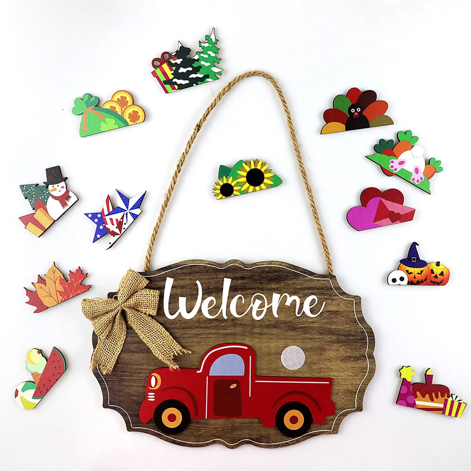 

Seasonal Welcome Sign Front Door Decor with Interchangeable Wood Accessories for Halloween Christmas Independence Day