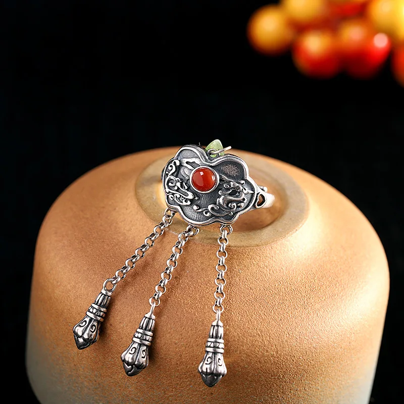 

BOCAI New real S925 pure silver inlaid southern red jade woman ring vintage old tassel ring
