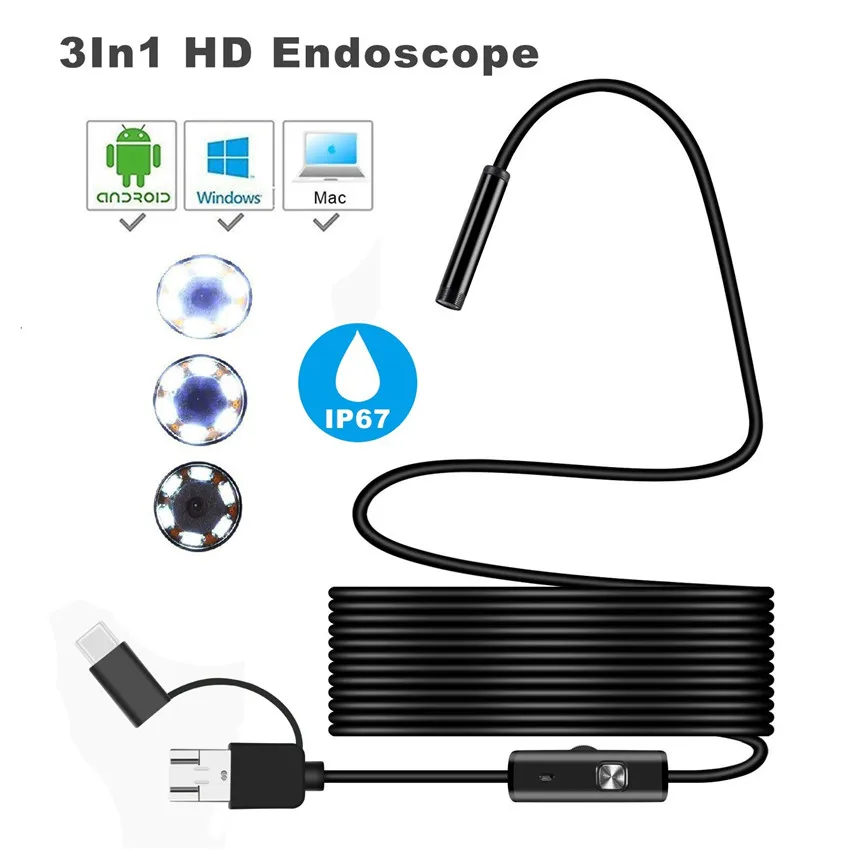 Эндоскоп HD 3 в 1 с USB портом Тип C водонепроницаемый шланг 7 мм комплект| |