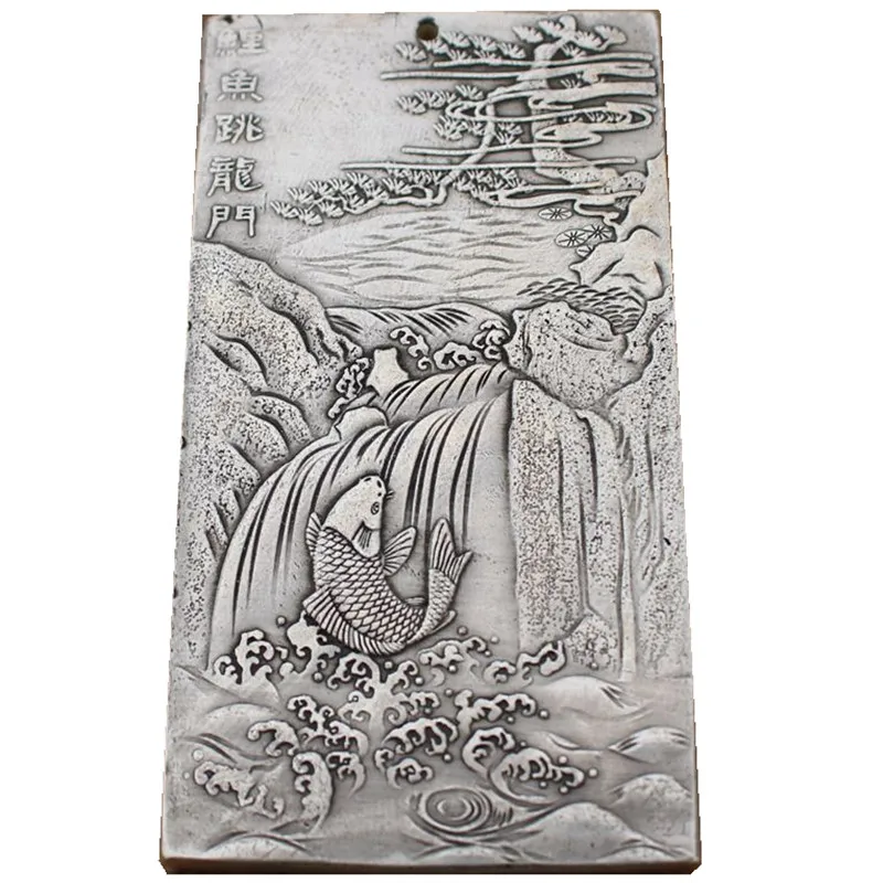 Chinese tibet Silver Bullion thanka Fengshui The carp jump the dragon gate statue amulet Waist tag, hang metal pandent