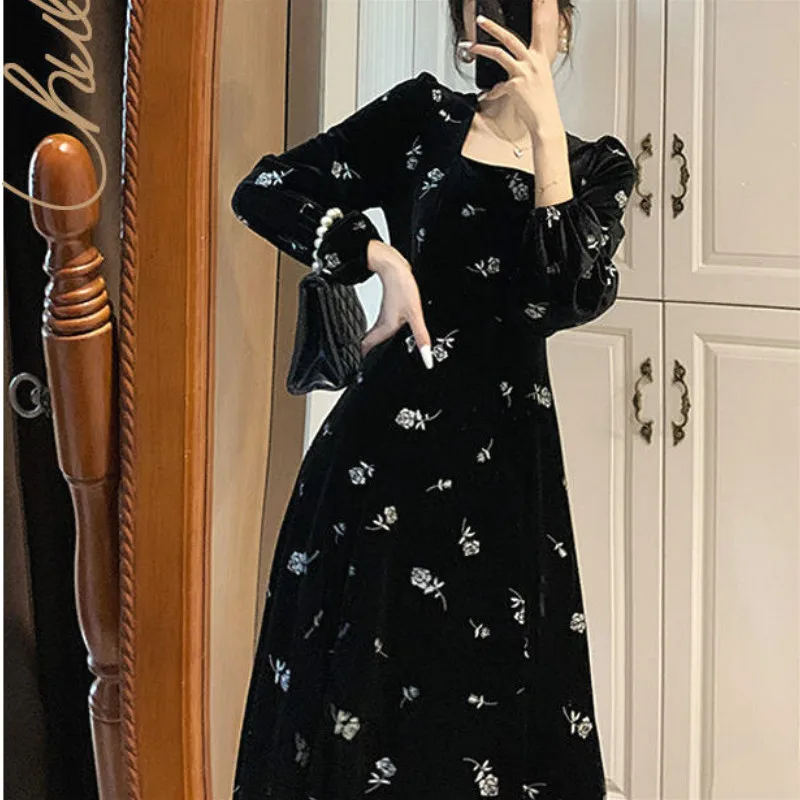 

Floral Vintage Dress Women French Elegant Retro Evening Black Party Dress Female Long Sleeve One-piece Dress Korean 2021 Autumn