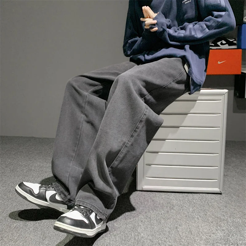 Baggy Drawstring Jeans Men Fashion Retro Casual Wide-leg Jeans Men Streetwear Loose Hip-hop Straight Denim Pants Mens Trousers