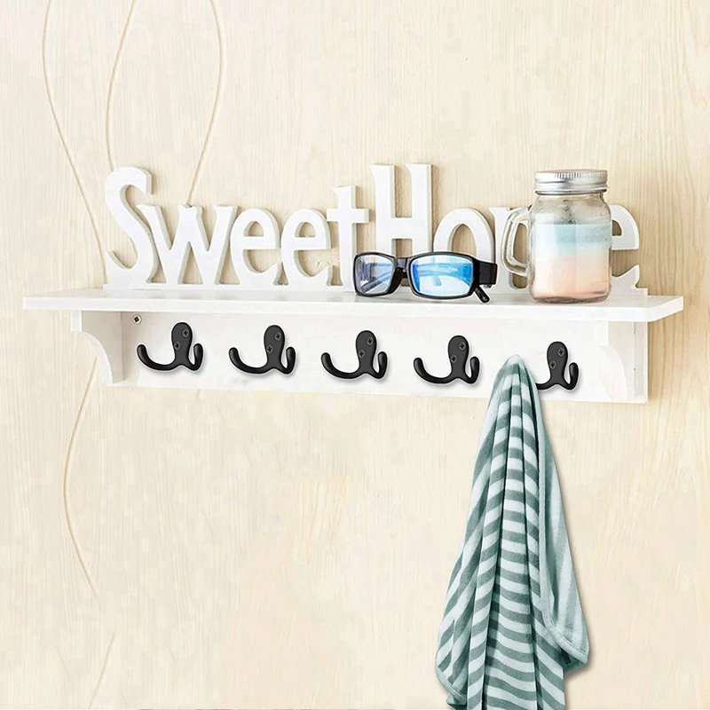 

10 Pcs Heavy Duty Double Prong Coat Hooks with 20 Screws & 1 Set Black 10 Hooks Wall Hanging Rail Rack