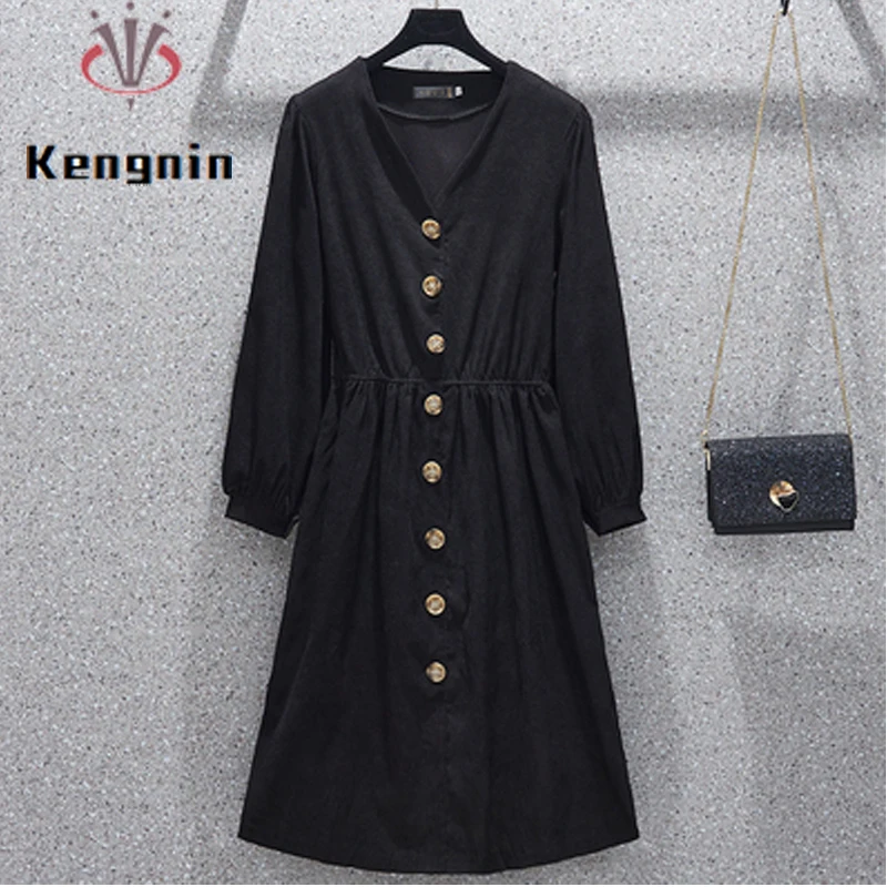 

Женское вельветовое платье с V-образным вырезом, на пуговицах