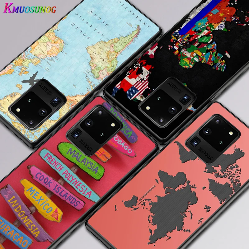 

World Travel Map For Samsung A01 02 02S 11 12 21 21S 22 31 32 41 42 51 72 S20 Ultra Plus 4G 5G Black Soft phone Case