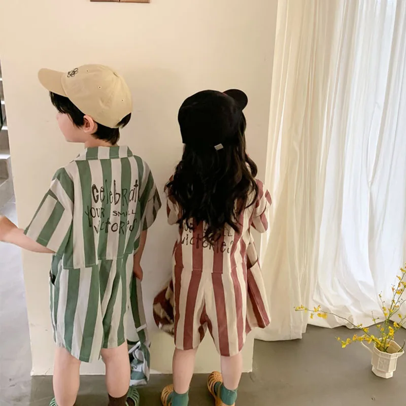

MILANCEl 2021 Summer New Kids Overalls Striped Outfits Korean Clothes for Brother and Sister
