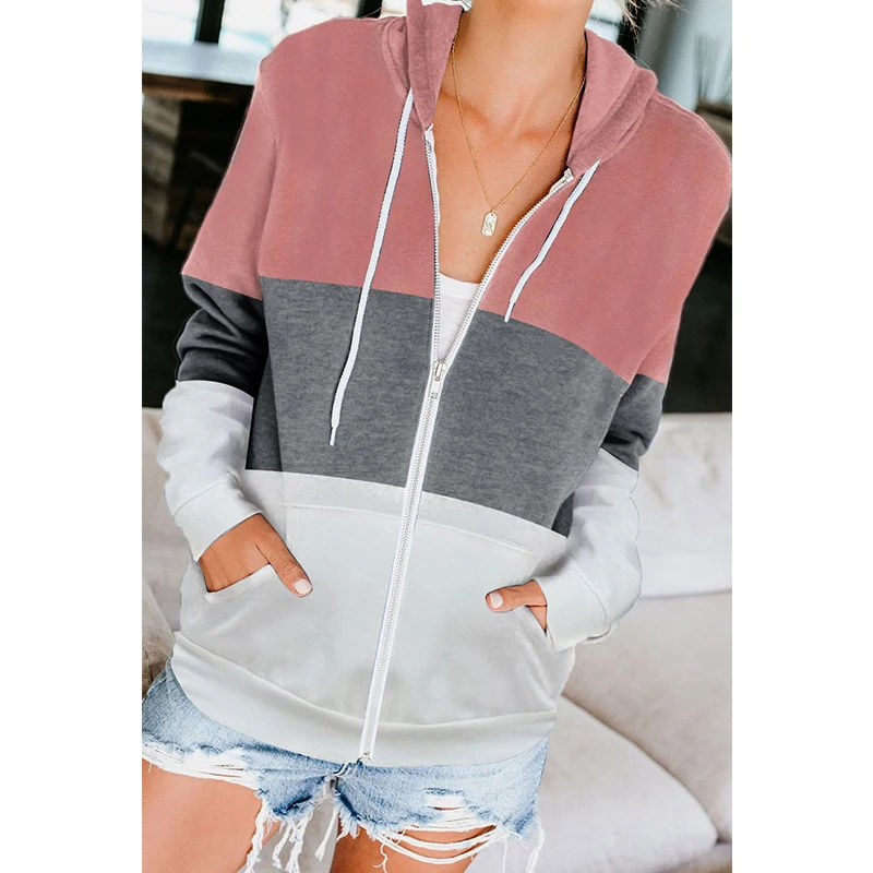 

2021 Autumn New Hooded Jacket Women Zipper Pocket Cardigan Jacket Drawstring Stripe Splicing Fashion Free Shipping
