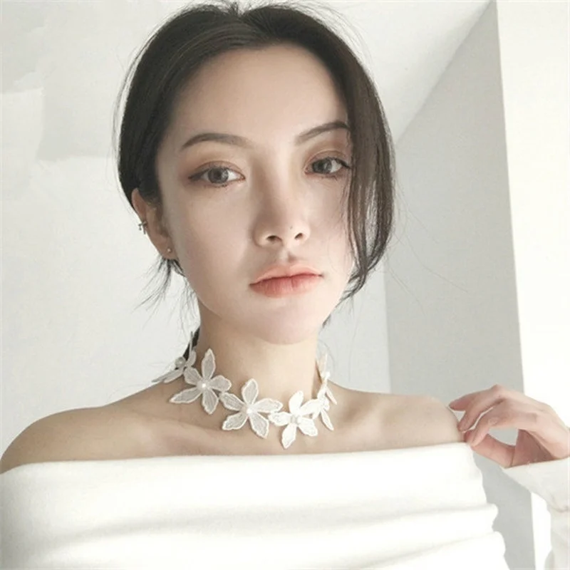 Imitation Pearl Stitching Flowers Choker Necklaces Fashion Handmade White Lace Collar Short Necklace | Украшения и аксессуары