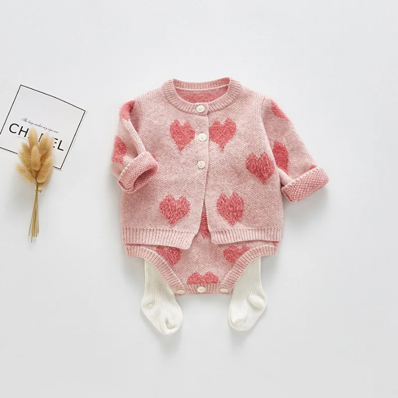 Conjuntos de oto&ntilde;o para ni&ntilde;as peque&ntilde;as, body con tirantes de coraz&oacute;n de amor + su&eacute;ter de punto abierto con cuello redondo de manga larga, trajes para ni&ntilde;os, E9302, 2021-2