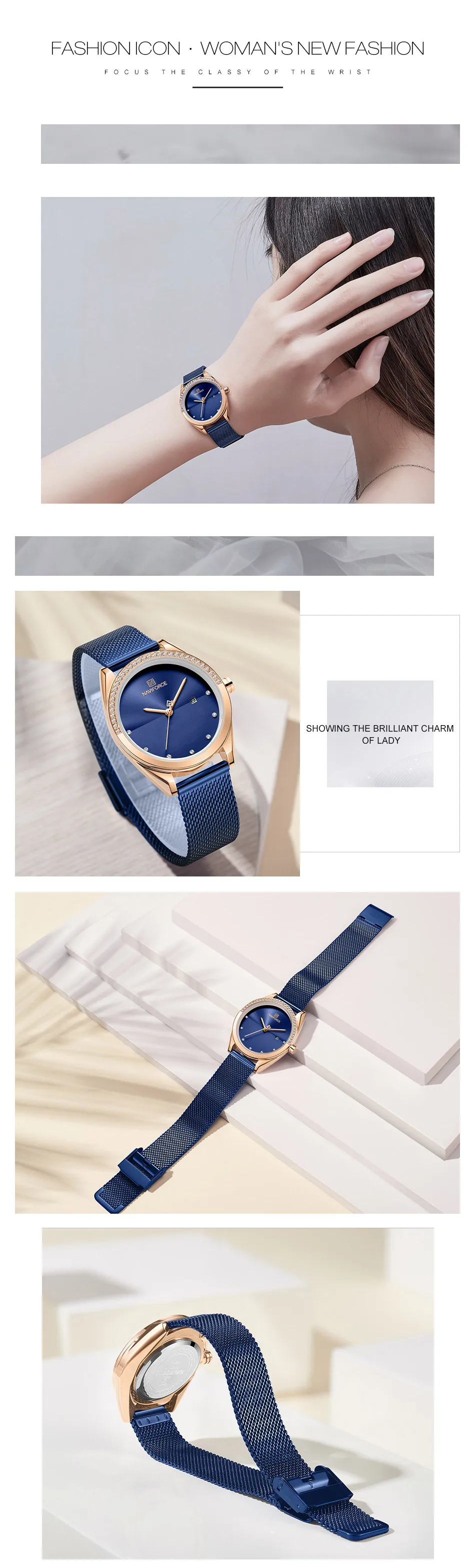 Часы наручные NAVIFORCE женские черные брендовые Роскошные с сетчатым браслетом из