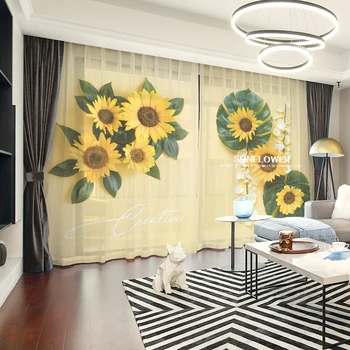 Custom Chiffon Curtain Window Drape for Nursery Kids Children Living Room Sunflower Blossom Yellow Khaki Gray Brown Pink Blue
