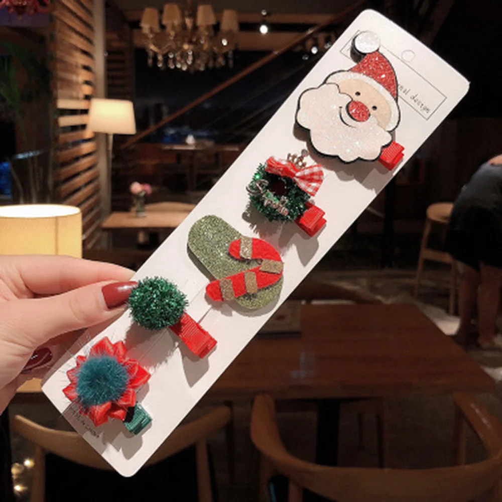 

5pcs/set New Christmas Hairpin Female Korean Childlike Cartoon Animal Leather Side Clip Hairpin Headdress Women Girls Hair Clip