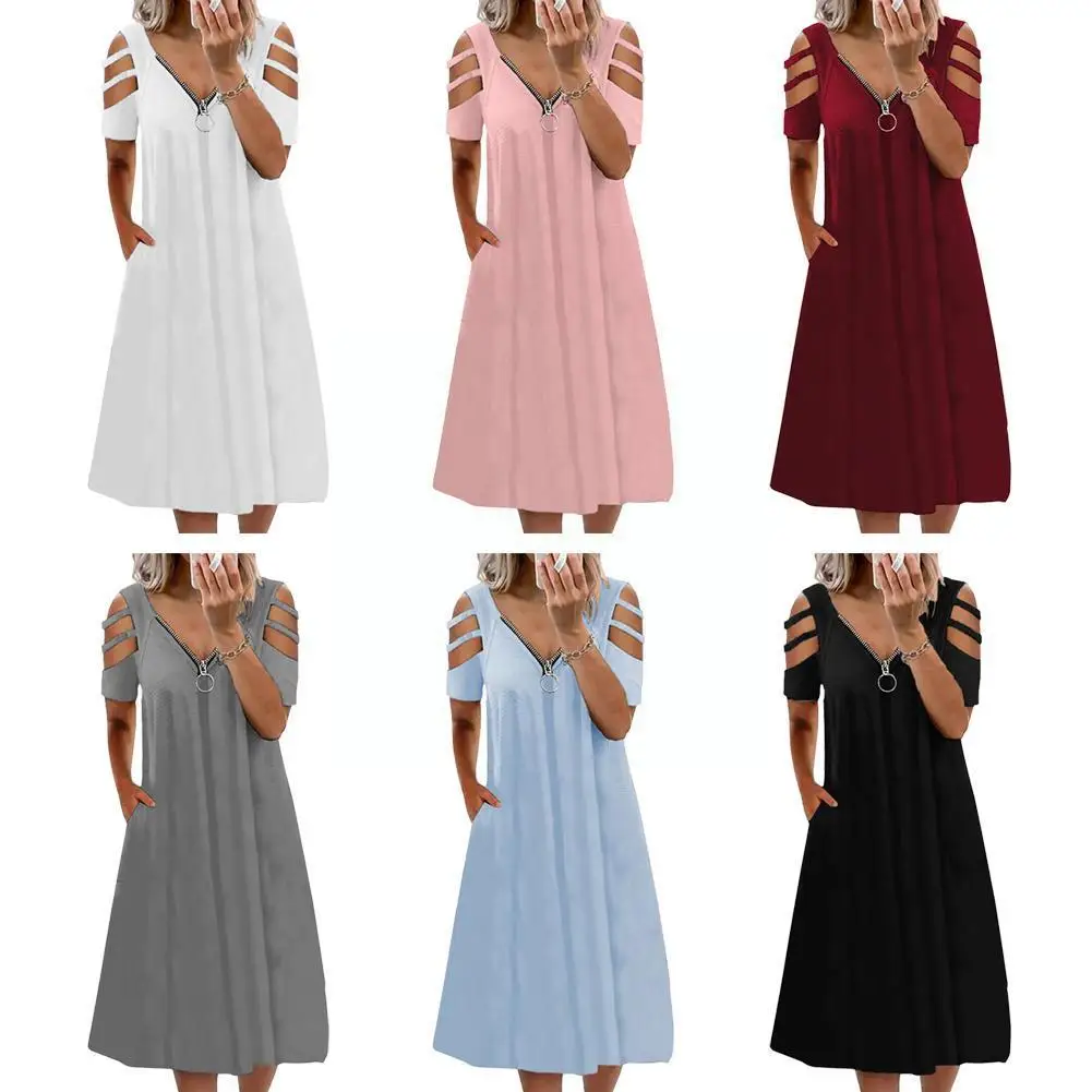 

Summer Women Sexy Loose Long Dress Zipper V-Neck Hollow Size Short Plus Sleeve Sundress P9X8