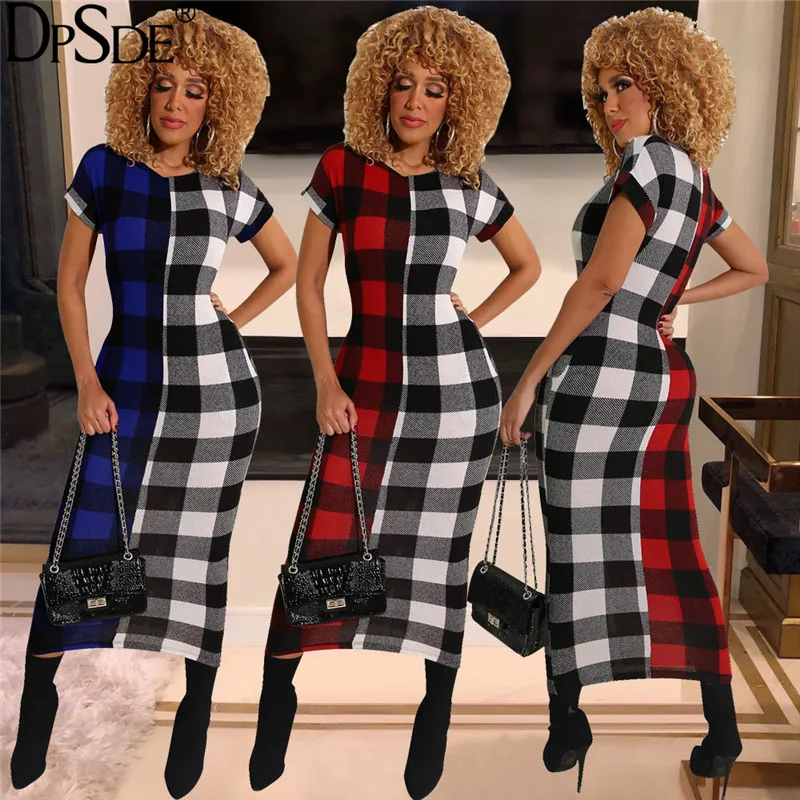 Модное облегающее платье DPSDE с О образным вырезом красного и синего цвета Осеннее