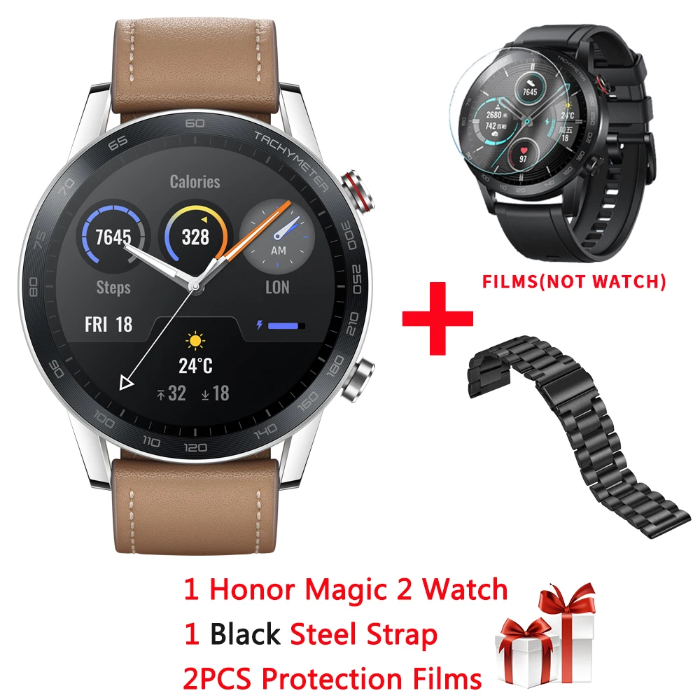 brown a black steel Gps+ ГЛОНАСС huawei Honor Magic 2 Смарт-часы 1,3" AMOLED Always-on display 5 АТМ 14 дней Срок службы батареи крови кислородный трекер здоровья - Цвет: brown a black steel