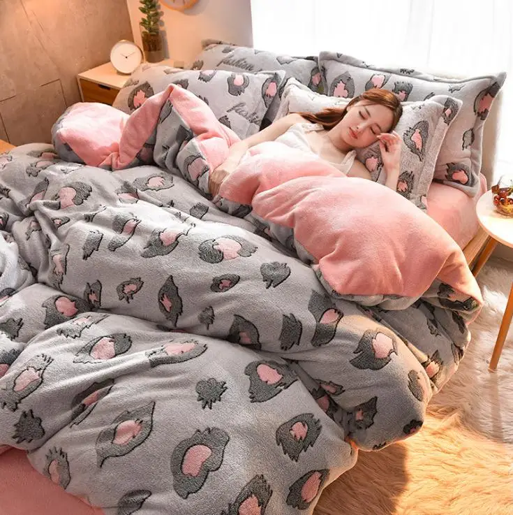 E Winter Flannel Fleece duvet cover single Comforter cover Home textile 1pc cartoon Solid warm quilt cover Velvet bedcover - Цвет: E