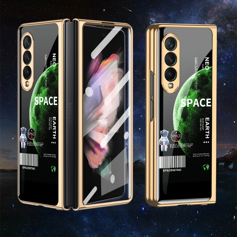 

For Samsung Galaxy Z Fold 3 5G Case 360 Full Protection Plating Planet Patterned Glass Back Case for Z Fold3