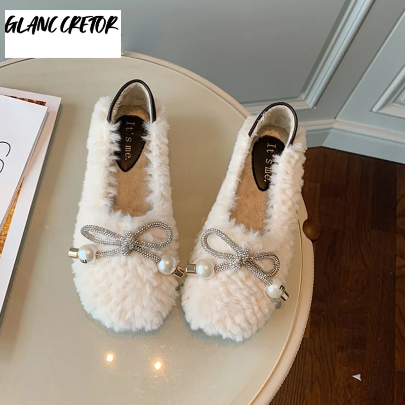 

Женские удобные туфли стразы на плоской подошве с натуральным мехом, Мокасины с бантом-бабочкой, пушистые балетки, женская зимняя Уличная о...