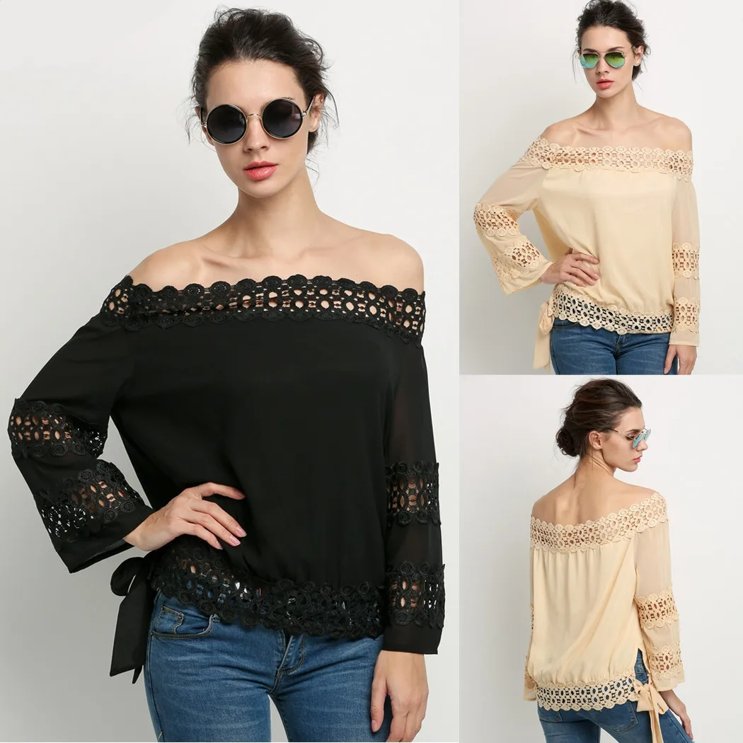 Женская блузка с вырезом лодочкой кружевная шифоновая боковыми бретельками в