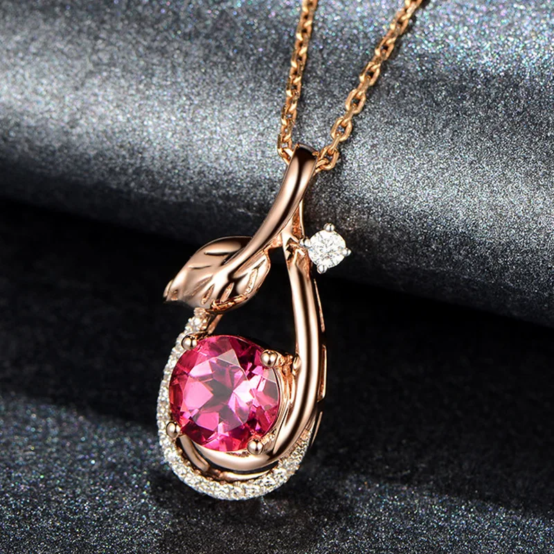 

Luxury Female Red Round Stone Necklace Crystal Rose Gold Color Wedding Necklaces For Women Cute Leaf Zircon Chain Necklace