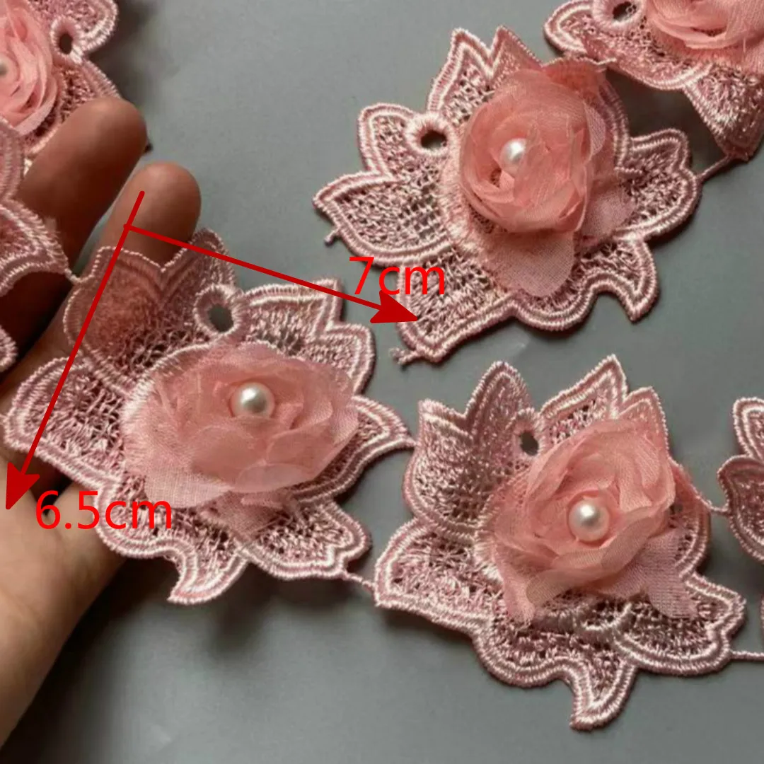 

10X Pink Rose 7cm Pearl 3D Flower Tassel Lace Trim Ribbon Fabric Embroidered Applique Sewing Craft Wedding Dress Clothes New