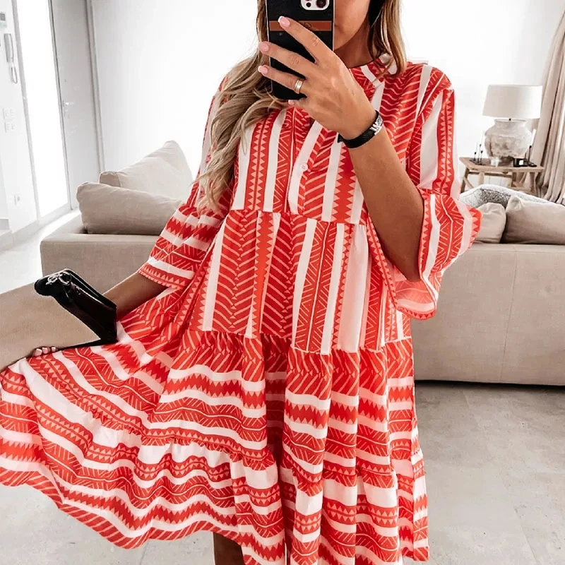 

Bohemia Print V-Neck Dress For Women 2021 Summer Vintage Half Sleeve Button Loose Casual Beach Holiday A-Line Dresses Vestidos