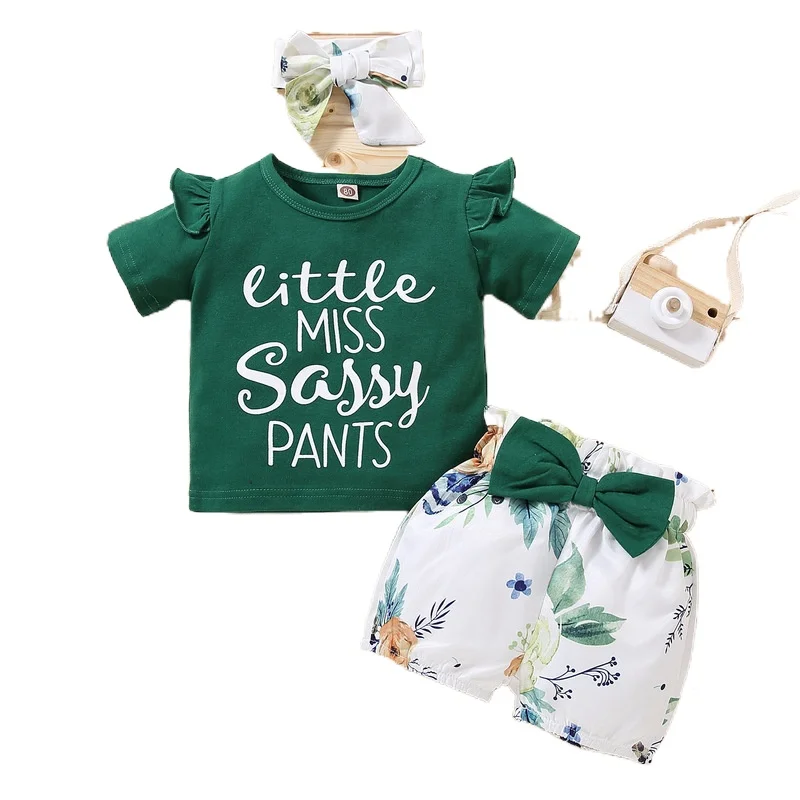 

2021 Summer Children's Hot Sale Simple Short-sleeved T-shirt Girl Letter Print Pattern + Shorts Three-piece Kids Clothing GT19