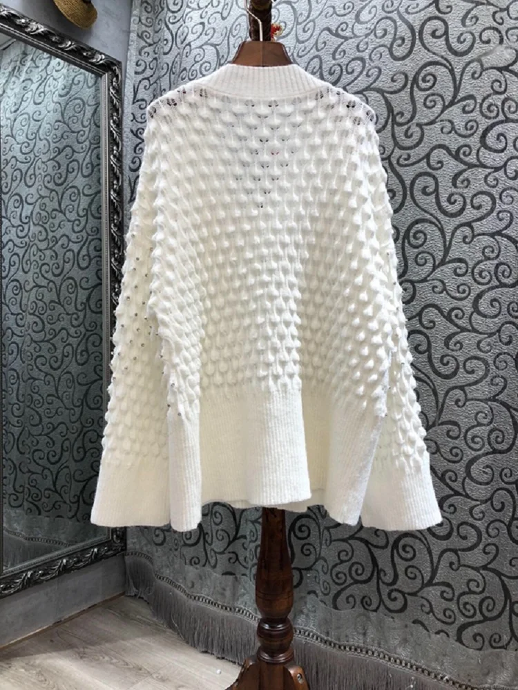 

New Hot Sale Sweaters 2020 Autumn Winter Tops Women V-Neck Crystal Beading Deco Long Sleeve Casual Loose Tops Pullovers White
