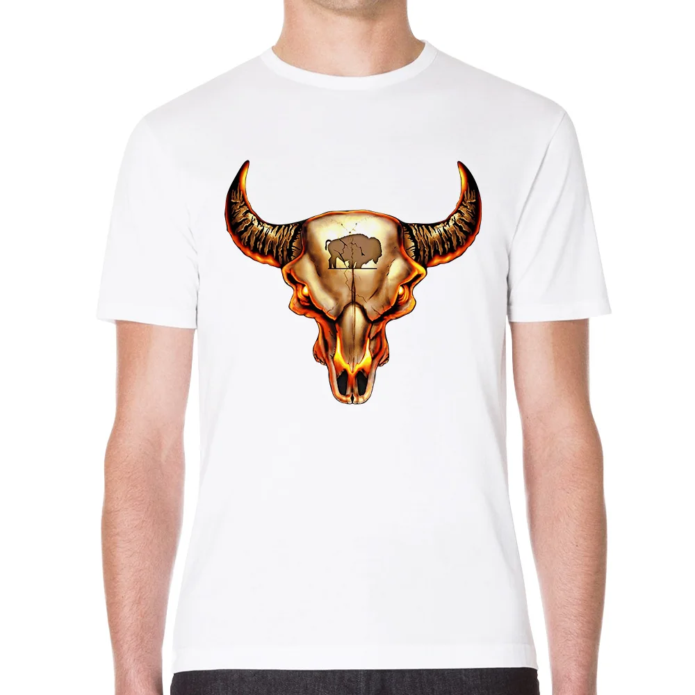

Men's summer motorcycle and motorcycle personality bull head print white round neck short-sleeved T-shirt