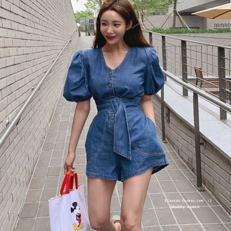 

2021 Summer casual Woman Jumpsuits Puff Sleeves V-neck Slim Loose Straight Short Denim Jumpsuit Tide