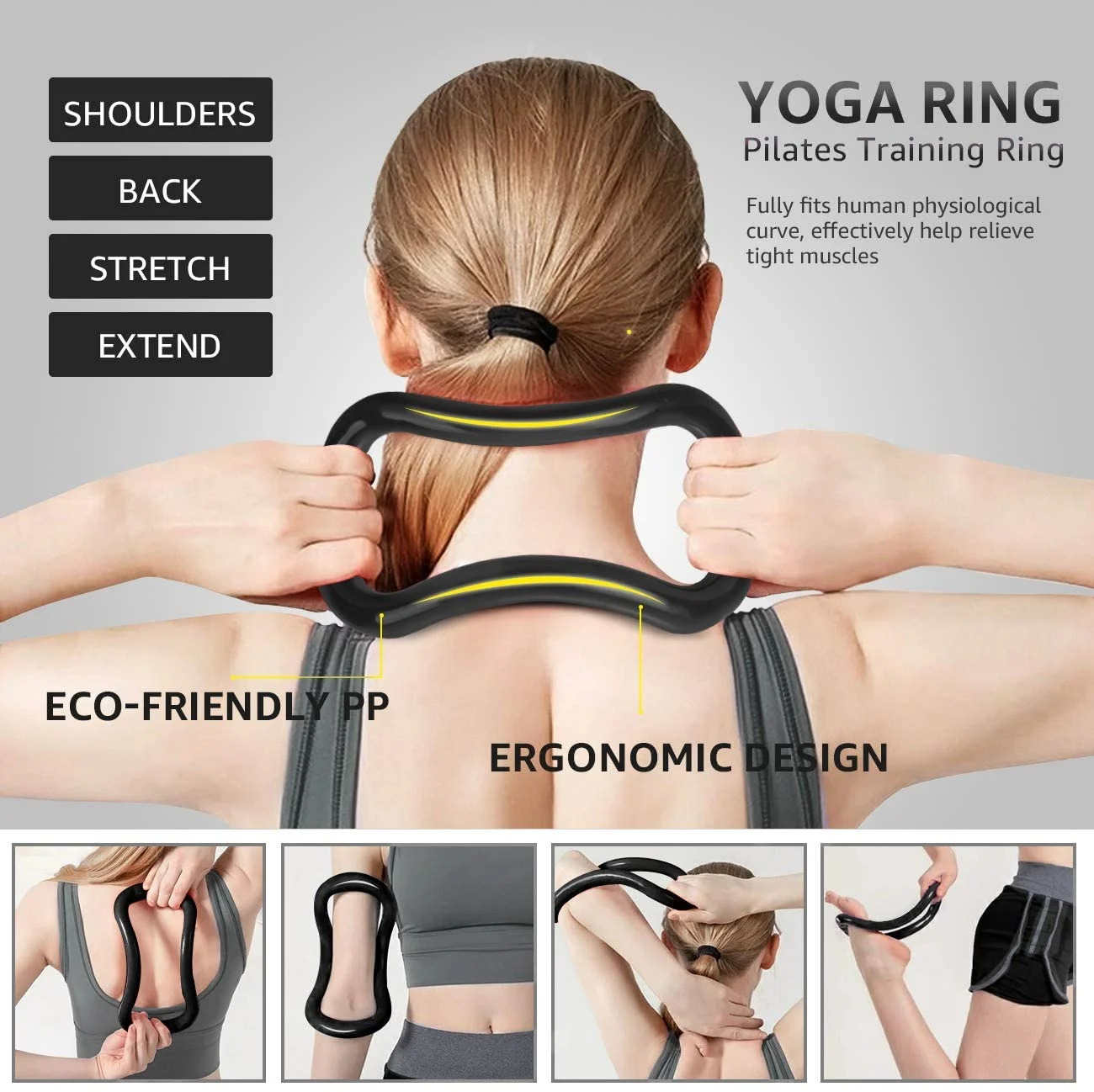 

5-in-1 set, 1 yoga wheel , 2 EVA foam yoga blocks with straps, 1 extension ring for back bending stretch Pilates back roller