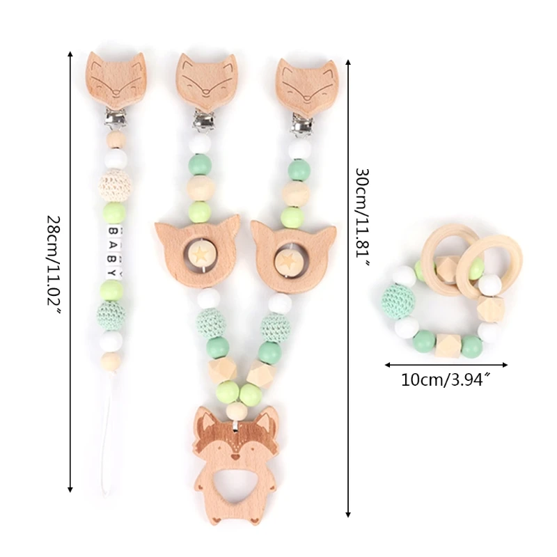 

3 Pcs/Set Baby Pram Pendant Rattle Pacifier Chain Clip Bracelet Wooden Teether