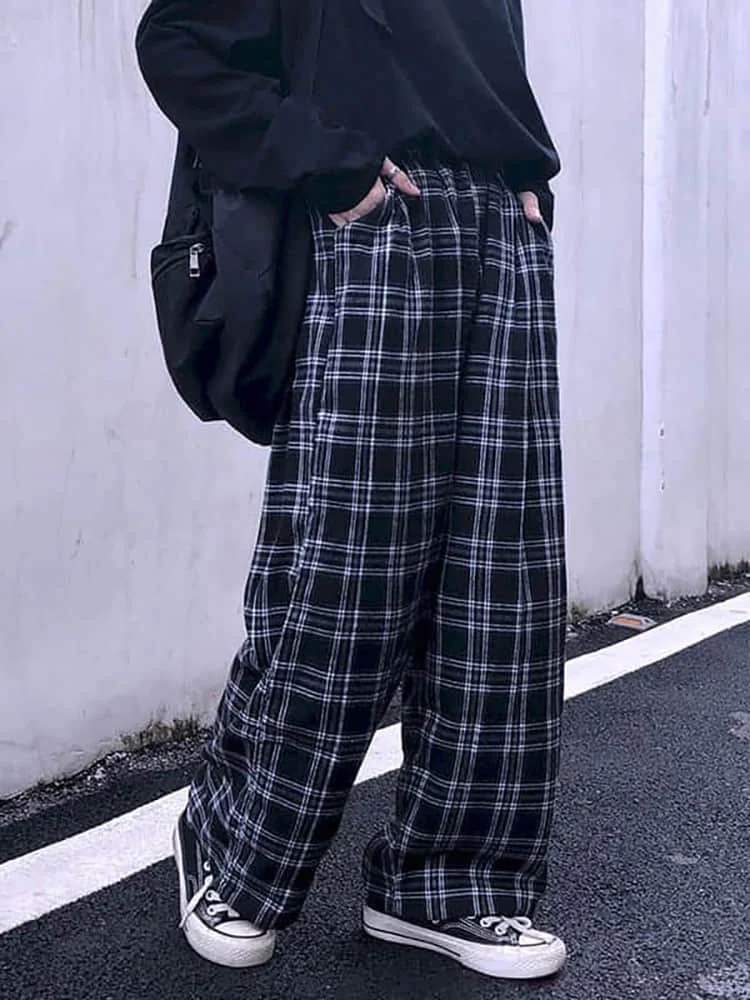 

Autumn Spring Harajuku Wide Leg Pants Women Plaid Straight Elastic Waist Loose Long Hip Hop Geometric Trousers Streetwear