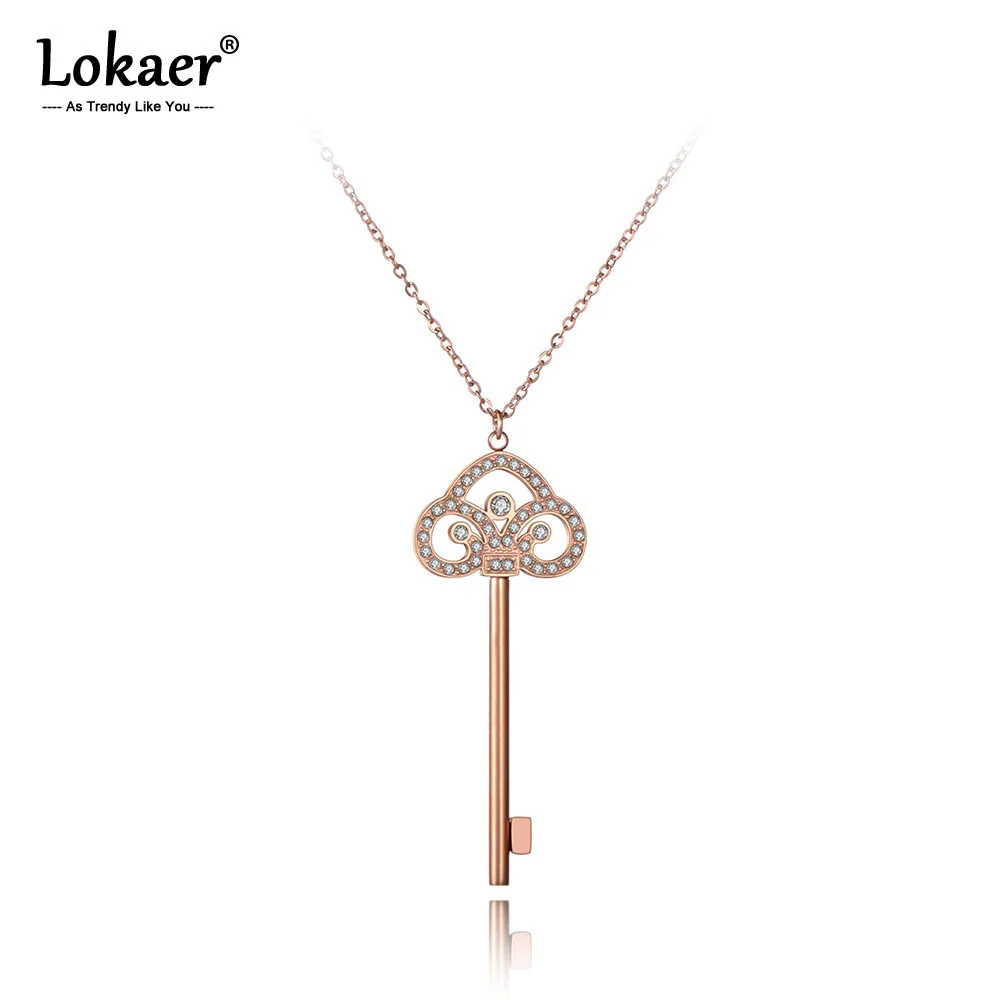 Lokaer титановая нержавеющая сталь Любовь Корона ключ подвеска со стразами фианит ожерелье s для женщин Трендовое розовое золото Чокеры ожерелье N19182