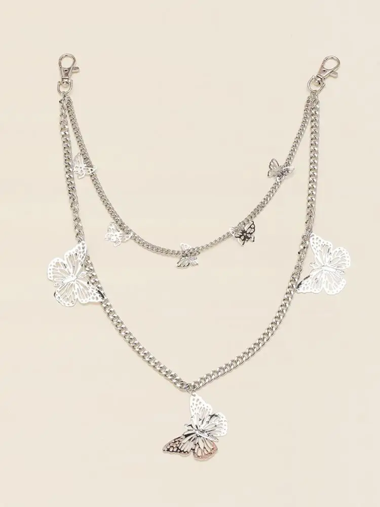 

Fashion Women's Two Layer Butterfly Chain Hip Hop Punk Gold Chain Metal Jewelry Rock For Pants Silver belt Keychain V7V2