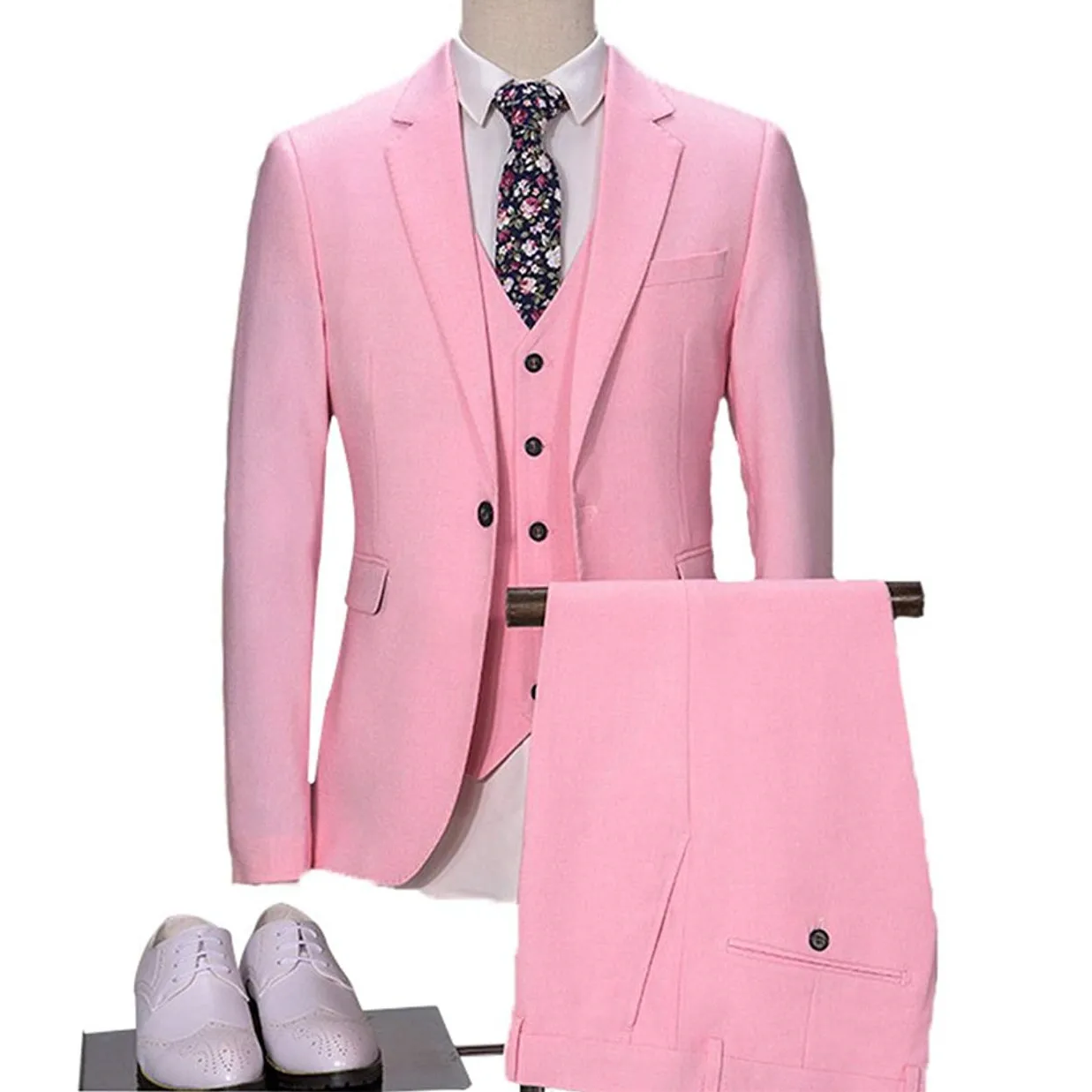 

New Arrival Fashion 3 Pieces Men Suit (Jacket+Pants+Vest) Pink 2022 Skinny Wedding Tuxedos for Men costume homme mariage