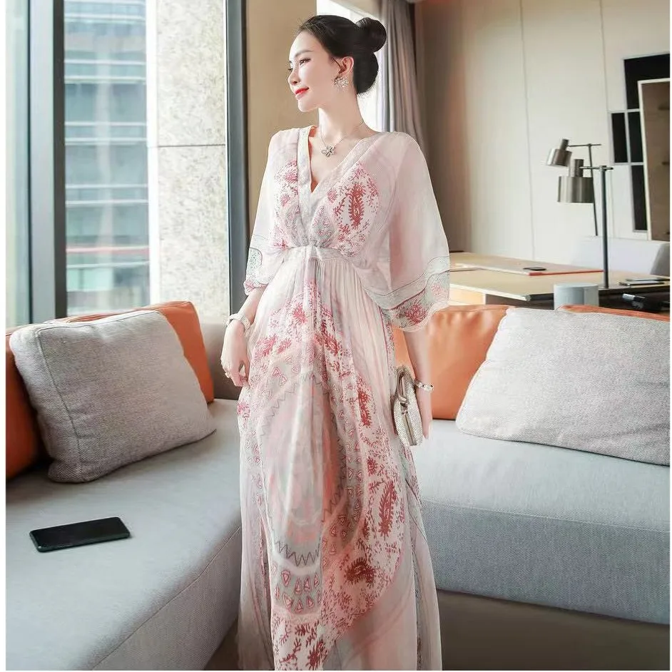 

IVY HE Holiday Loose Dress Women Elegant Design Shell Printed Double V Collar Half Batwing Sleeves High Waist Dresses Ladies