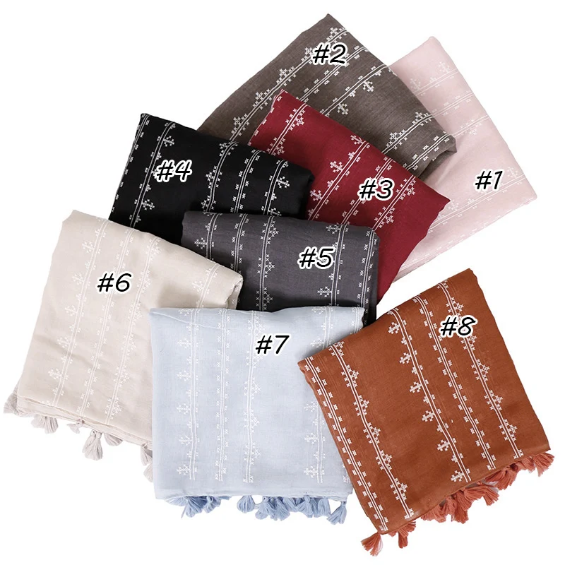 

2021 Embroidered Scarf Shawl Tassel Viscose Hijab From Indian Plain Cotton Scarves and Wraps Foulard Sjaal Muslim Hijab Bandana