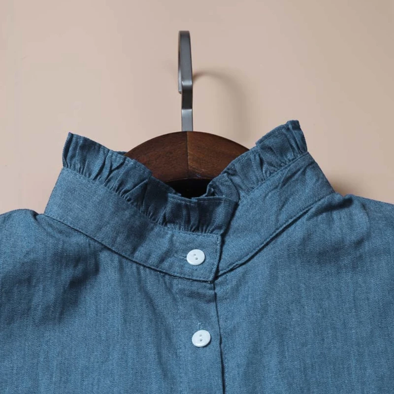 

Minimalist Stripes Denim Women Detachable Lapel Fake Collar Cute Doll Ruffles Lace Splicing Button Down False Half Shirt Blouse