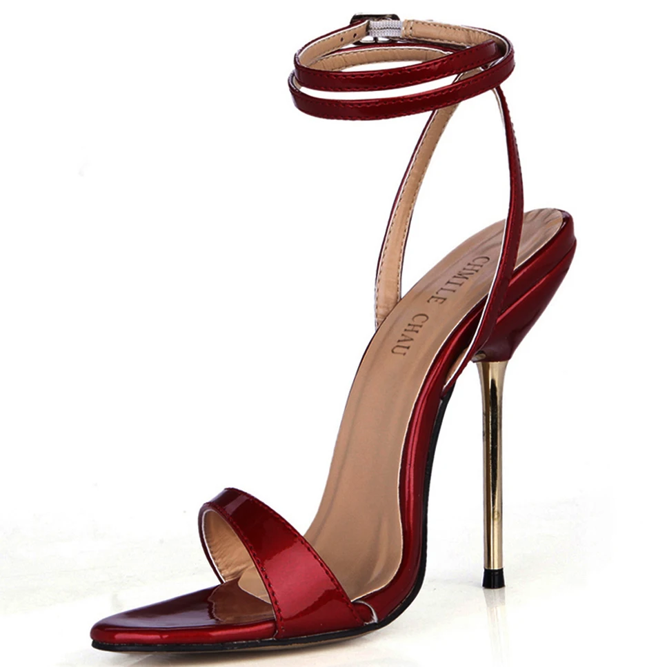 

High Heel Sandals Stiletto Women Sandal Sexy Evening Bridals Party Heeled Sandal Ankle Strap Red Wine Patent Lady Shoe YJ3845-i