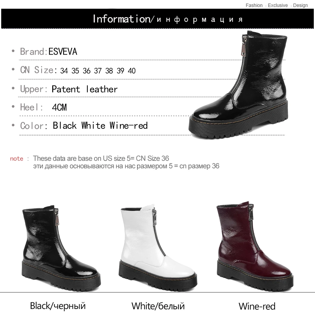 

ESVEVA 2020 Square Middle Heel Zipper Autumn Winter Fashion Ankle Boots Round Toe Patent Leather Platform Women Shoes Size 34-40